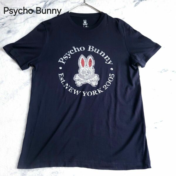 サイコバニー Psycho Bunny 半袖Tシャツ かすれプリント加工 ロゴプリント濃紺 ダークネイビー M相当 美品