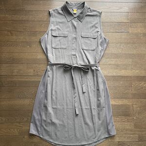 送料無料Eddie Bauer SEATTLE.USAエディバウアーHYBRIDスリーブレスワンピース軽量速乾薄手ウエストリボンベルト付Grey(お買得)新未使用品