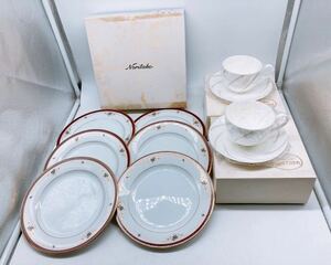 ノリタケ Noritake コーヒー&ソーサー 2個 ケーキ皿セット6個 セットSILK ROAD BONE CHINA 洋食器 金彩 花柄 食器 美品 中古品