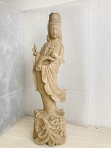 仏像 木彫 置物 龍上観音 重さ約3.8kg 高さ約62cm 開運 観音様 龍神 観音像 木彫り 仏教美術 オブジェ コレクション 龍 木彫仏像 中古品