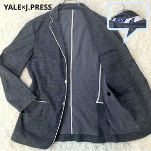 美品◆XL相当●YALE×J.PRESS【テーラードジャケット】リネン混合 ストレッチ パイピング アンコン 段返り ボタニカル グレー ジェイプレスの画像1