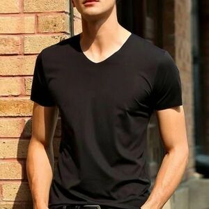 T5 [набор из 2 штук Black L] Мужской под рубашкой контакт Cool v -neck Seamless Thin Thin Chot Slim Tops Slim Tops.