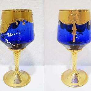 《ジャムルK》Ko0422-68◆ベネチアンガラス 金彩 デキャンタ・グラス6客セット ワイングラス ゴブレット 水差し 花装飾 金×青の画像5