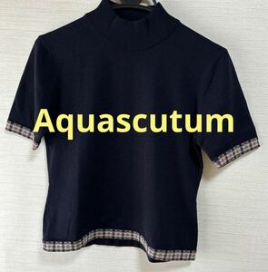 Aquascutum ネイビー　クラブチェック　ウール　ハイネック　ニット