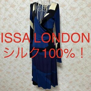 ★ISSA LONDON/イッサロンドン★極美品★シルク100%！長袖ミモレ丈ワンピースUK8(M.9号)