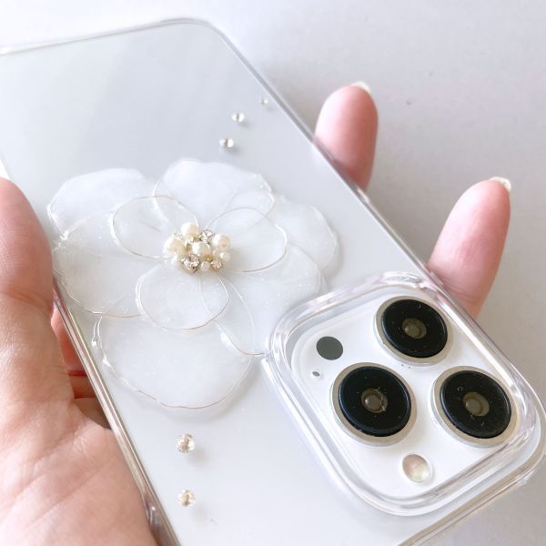 Galaxy S24 SC-51E 白色山茶花智能手机壳装饰透明外壳花朵宝石珍珠手工树脂闪亮可爱, 配件, 案件, 硬盒
