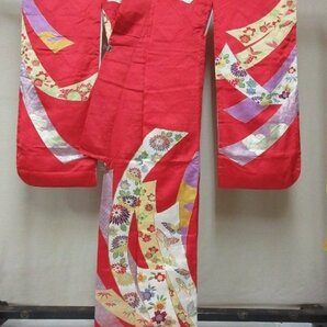 1円 良品 正絹 着物 振袖 縮緬 卒業 入学 赤 大熨斗 束ね熨斗 四季花 草花 蝶 高級 袷 身丈160cm 裄62cm ◆逸品◆【夢職】★★★★の画像3