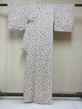 1円 良品 正絹 着物 小紋 縮緬 扇子 扇子散し 花丸 笹 草花 花柄 お洒落 高級 袷 身丈148cm 裄64cm【夢職】★★★_画像3