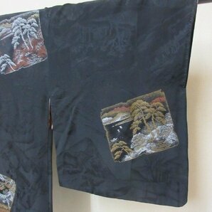 1円 良品 正絹 羽織 和装コート 縮緬 黒 紋付 刺繍 アンティーク 色紙 風景画 おしゃれ 高級 袷 身丈79cm 裄65cm【夢職】★★★の画像4