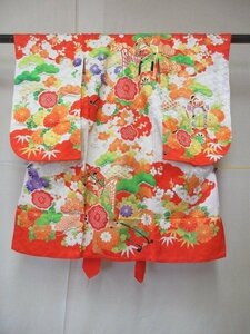 1円 良品 正絹 女児 子供着物 縮緬 七五三 和装 産着 金駒刺繍 御所車 花柄 四季花 高級 袷 身丈97cm 身巾45cm【夢職】★★★