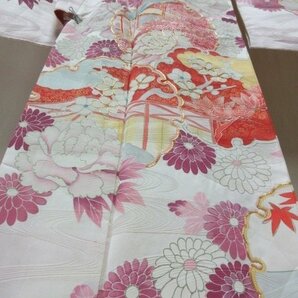 1円 良品 正絹 着物 振袖 縮緬 式典 和装 雪輪 菊 牡丹 枝花 花柄 高級 袷 身丈162cm 裄62cm ◆逸品◆【夢職】★★★★の画像4