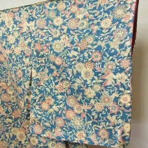 1円 良品 正絹 着物 縮緬 小紋 和装 更紗 花喰い鳥 花柄 草花 花唐草 おしゃれ 高級 袷 身丈154cm 裄61cm【夢職】★★★の画像6