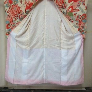 1円 中古 正絹 女児 子供着物 縮緬 七五三 和装 アンティーク レトロ 桐 草花 熨斗 花柄 高級 袷 身丈139cm 裄63cm【夢職】★★★の画像2