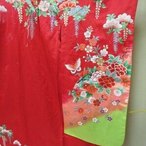 1円 中古 化繊 女児 子供着物 七五三 和装 赤 蝶 花柄 毬 四季花 草花 高級 袷 身丈132cm 裄57cm【夢職】★★の画像3