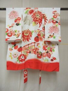 1 jpy used silk woman . child kimono .. The Seven-Five-Three Festival Japanese clothes production put on antique retro .. lawn grass . floral print high class . length 97cm. width 42cm[ dream job ]***