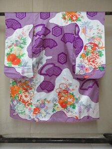 1 jpy used .. woman . child kimono The Seven-Five-Three Festival Japanese clothes medicine sphere ground paper flower turtle . hand drum traditional Japanese musical instrument floral print high class . length 126cm.56cm[ dream job ]***