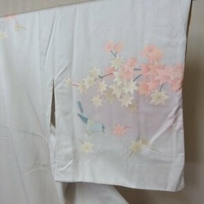 1円 良品 正絹 着物 訪問着 縮緬 式典 和装 花喰い鳥 小鳥 紅葉 楓 枝葉 高級 袷 身丈162cm 裄63cm ◆逸品◆【夢職】★★★★の画像7