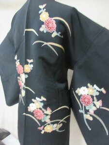 1 jpy superior article silk feather woven Japanese clothes coat .. black . none gold piece embroidery . lawn grass .. flower floral print high class . length 76cm.64cm[ dream job ]***