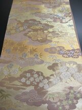 1円 良品 正絹 袋帯 引箔 和装 西陣織 雲 道長裂取 四季花 家屋 花柄 かわいい お洒落 六通柄 高級 長さ420cm【夢職】★★★_画像3