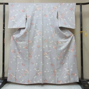 1円 良品 正絹 着物 小紋 縮緬 吹き寄せ 枝花 草花 おしゃれ 高級 袷 身丈151cm 裄60cm【夢職】★★★の画像1