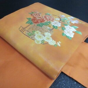 1円 良品 正絹 名古屋帯 引箔 花籠 草花 菊 牡丹 紅葉 草花 可愛い お太鼓柄 九寸帯 長さ351cm【夢職】★★★の画像1