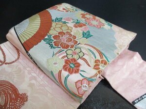 1円 中古 正絹 名古屋帯 アンティーク レトロ 桃色 扇子 花丸 花唐草 可愛い お太鼓柄 九寸帯 長さ333cm【夢職】★★★