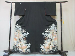 1円 中古 正絹 着物 留袖 縮緬 アンティーク 大正ロマン 御所車 草花 古典文様 高級 袷 身丈150cm 裄63cm【夢職】★★★