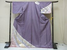 1円 中古 化繊 着物 訪問着 舞台 紫 桜吹雪 かわいい おしゃれ 袷 身丈163cm 裄60cm【夢職】★★_画像1