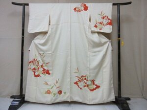 1円 良品 正絹 着物 訪問着 縮緬 卒業 入学 桐 菊 笹 雲 草花 おしゃれ 高級 袷 身丈153cm 裄66cm【夢職】★★★