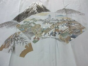 1円 良品 正絹 長襦袢 男性用 浮世絵 風景 地紙 富士山 大名行列 高級 渋カッコいい 袷 身丈135cm 裄70cm【夢職】★★★