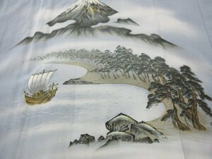 1 jpy superior article silk long kimono-like garment for man ukiyoe Mt Fuji boat pine pine . sea scenery high class . good-looking . length 137cm.71cm[ dream job ]***