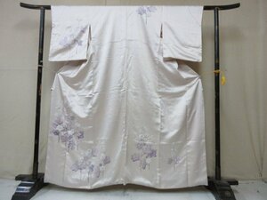 1円 良品 正絹 着物 訪問着 縮緬 式典 和装 紫 草花 シンプル おしゃれ 高級 袷 身丈150cm 裄65cm【夢職】★★★