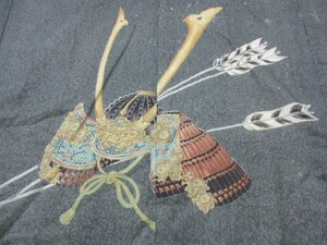 1 jpy used .. long kimono-like garment for man Japanese clothes ukiyoe helmet arrow feather bow arrow high class . good-looking . length 137cm.67cm[ dream job ]***