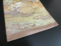 1円 良品 正絹 袋帯 引箔 和装 西陣織 雲 道長裂取 四季花 家屋 花柄 かわいい お洒落 六通柄 高級 長さ420cm【夢職】★★★_画像10