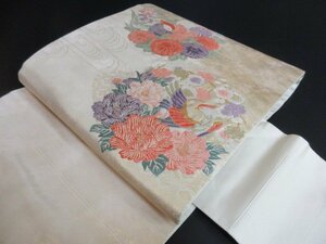 1円 良品 正絹 名古屋帯 引箔 和装 花喰い鳥 花丸 鴛鴦 観世水 お太鼓柄 九寸帯 高級 長さ358cm【夢職】★★★