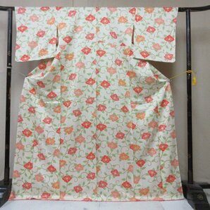 1円 良品 正絹 着物 小紋 縮緬 型染 和装 椿 花唐草 花柄 草花 可愛い お洒落 高級 袷 身丈159cm 裄68cm【夢職】★★★の画像1