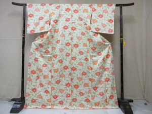 1円 良品 正絹 着物 小紋 縮緬 型染 和装 椿 花唐草 花柄 草花 可愛い お洒落 高級 袷 身丈159cm 裄68cm【夢職】★★★