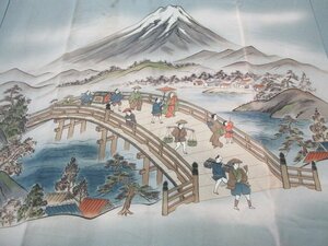 1円 中古 化繊 長襦袢 男性用 和装 浮世絵 東海道風景 葛飾北斎 おしゃれ 高級 渋カッコいい 袷 身丈127cm 裄64cm【夢職】★★