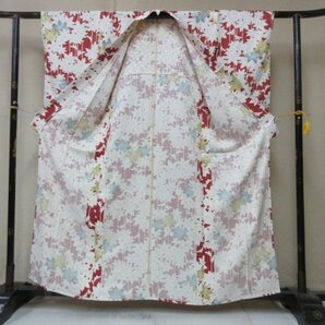 1円 良品 正絹 着物 小紋 縮緬 型染 和装 紅葉 楓 花柄 草花 可愛い お洒落 高級 単衣 身丈148cm 裄63cm【夢職】★★★の画像2