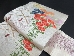 1円 中古 正絹 名古屋帯 引箔 和装 亀甲 青海波 菊 コスモス 草花 花柄 六通柄 九寸帯 高級 長さ346cm【夢職】★★