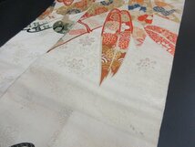 1円 中古 正絹 名古屋帯 綸子生地 和装 アンティーク レトロ 刺繍 笹 花柄 お太鼓柄 九寸帯 高級 長さ334cm【夢職】★★★_画像3