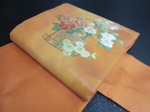 1円 良品 正絹 名古屋帯 引箔 花籠 草花 菊 牡丹 紅葉 草花 可愛い お太鼓柄 九寸帯 長さ351cm【夢職】★★★