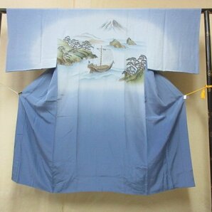 1円 良品 正絹 長襦袢 男性用 浮世絵 葛飾北斎 東海道風景 舟 人物 富士山 高級 渋カッコいい 袷 身丈130cm 裄69cm【夢職】★★★の画像2