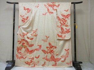 1円 中古 正絹 着物 振袖 縮緬 式典 和装 金駒刺繍 アンティーク 蝶 舞蝶 高級 袷 身丈157cm 裄64cm【夢職】★★★