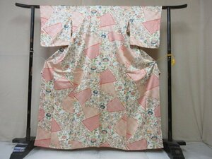 1円 良品 正絹 着物 小紋 縮緬 型染 和装 裂取 鹿の子 花柄 草花 可愛い お洒落 高級 袷 身丈151cm 裄67cm【夢職】★★★