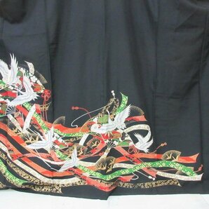 1円 良品 正絹 着物 留袖 縮緬 和装 比翼付 束ね熨斗 鶴 扇子 冠婚葬祭 高級 袷 身丈160cm 裄66cm【夢職】★★★の画像5