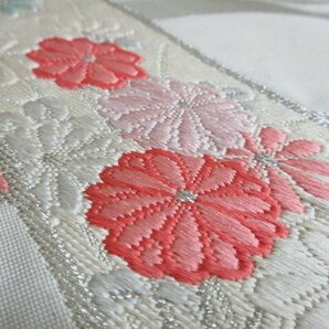 1円 良品 正絹 名古屋帯 和装 刺繍 笹 菊 草花 花柄 お太鼓柄 九寸帯 高級 長さ356cm【夢職】★★★の画像7