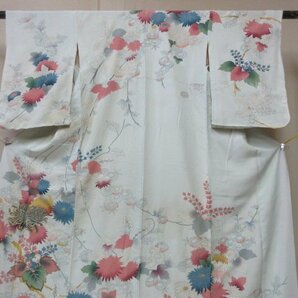 1円 中古 正絹 着物 訪問着 縮緬 式典 和装 アンティーク 桐 菊 コスモス 枝葉 高級 袷 身丈155cm 裄62cm【夢職】★★★の画像5