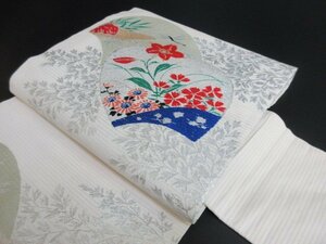 1円 良品 正絹 名古屋帯 絽 夏物 和装 アンティーク 大正ロマン 花筏 地紙 花柄 お太鼓柄 九寸帯 高級 長さ327cm【夢職】★★★