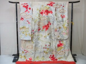 1 jpy superior article silk kimono strike . discount long-sleeved kimono Japanese clothes bride .. flower . embroidery scenery floral print high class . length 173cm.65cm * excellent article *[ dream job ]****